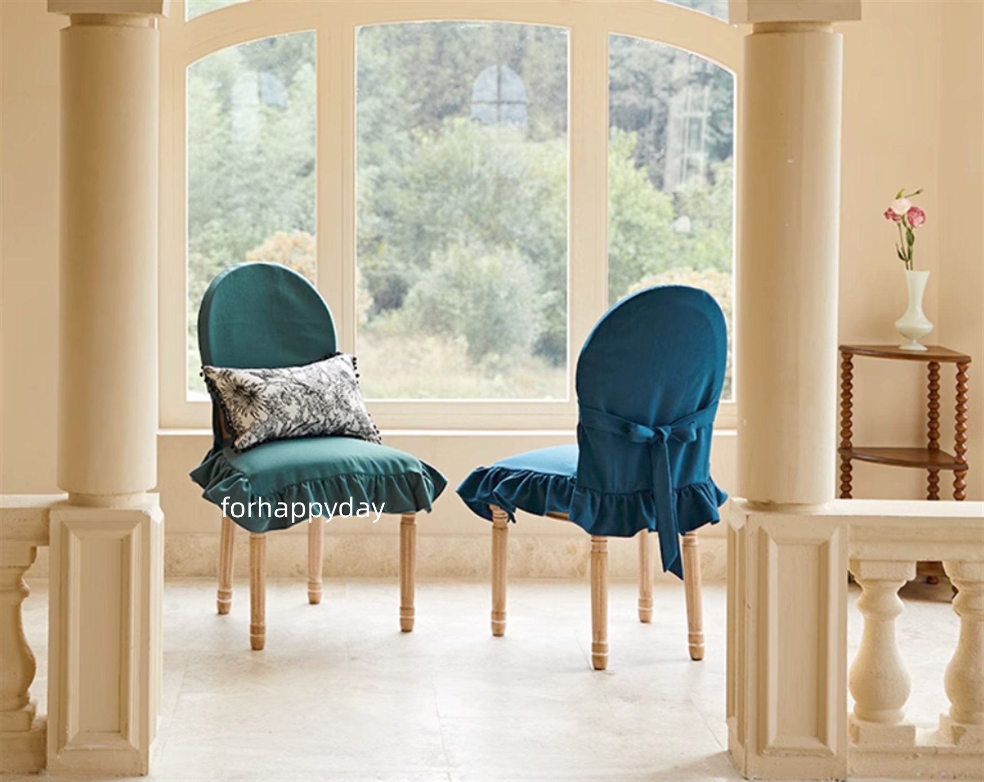 Customized Dining Chair Cover Cotton Linen Ruffle Chair Cover Oval Back ...