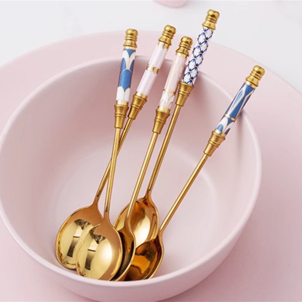 Stainless steel spoon - Printed spoon - Long handle spoon - Ceramic metal cutlery - Kitchenware - Table settings - Dinnerware