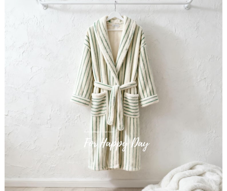 Lower Robe Striped Coral Fleece Robe, Soft Green Winter Sleepwear - Etsy