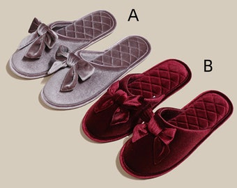 Velvet Home Slippers - French Bow slippers  - Indoor Warm Cotton Shoes - Anti-slip and anti-odor - Fall and winter fashion wear