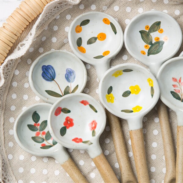 Handmade Ceramic Spoons - Hand-Painted Flower Tableware - Cute Stirring Stick - Table Setting - Table Decorations - Kitchen Supplies