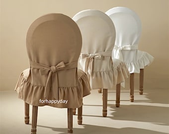 Customized Dining Chair Cover - Cotton linen ruffle chair cover - Oval back Slipcovers - Chair cushion all in one upholstery