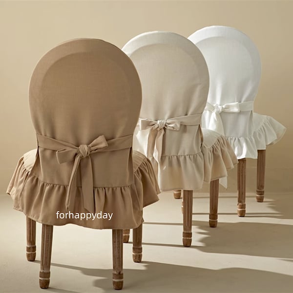 Custom Cotton Linen Ruffle Chair Cover - Oval Back Slipcover