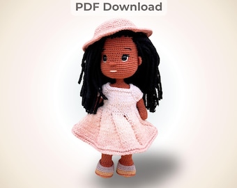 Elegant Amigurumi Crochet Doll Pattern PDF, Black Girl Doll, Cute Doll with Knitted Dress, Hat and Removable Clothes pattern