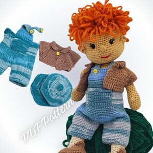 Patroon gehaakte poppenkleertjes pdf | 16 inch outfitset voor jongenspop | Denim overall, shirt en baseballpet