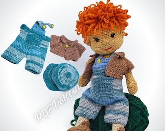 Crochet Doll Clothes Pattern PDF | 16 Inch Boy Doll Outfit Set | Denim Overalls, Shirt & Baseball Cap