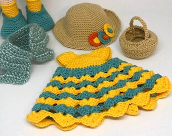 Crochet Doll Clothes Pattern PDF – 12 Inch Doll Outfit Set, Dress, Hat & Basket, DIY