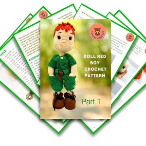 Handmade amigurumi boy doll in green outfit and hat, crocheted with cotton yarn. This 13" tall doll features removable clothes and is perfect as a soft toy or decorative piece.
