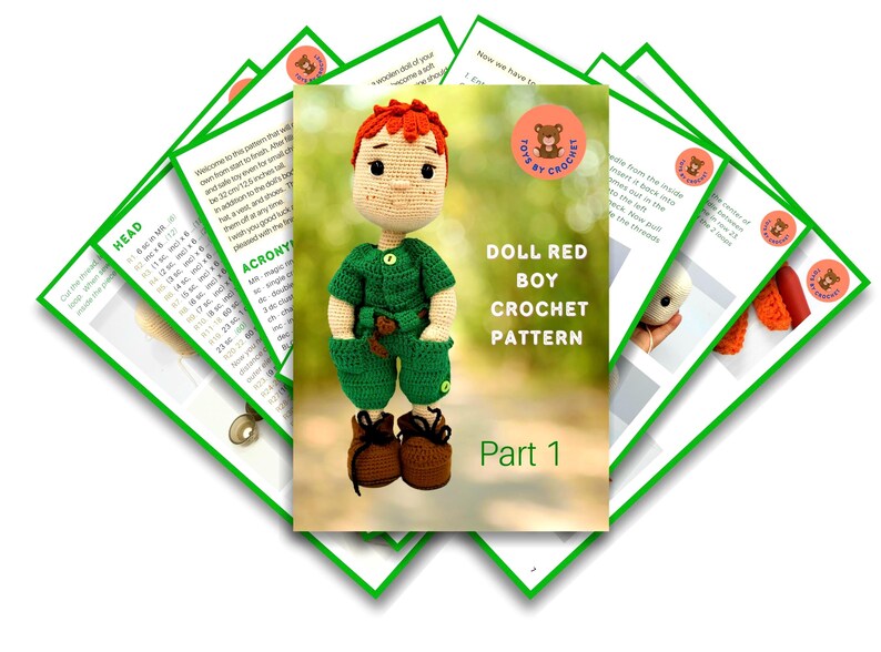 Handmade amigurumi boy doll in green outfit and hat, crocheted with cotton yarn. This 13" tall doll features removable clothes and is perfect as a soft toy or decorative piece.