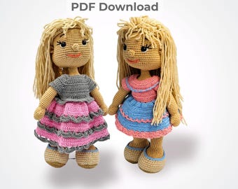 Wzór na szydełkową lalkę 13 cali w formacie PDF – Lalka amigurumi z 2 zdejmowanymi sukienkami – Wzór na ubranka dla lalek