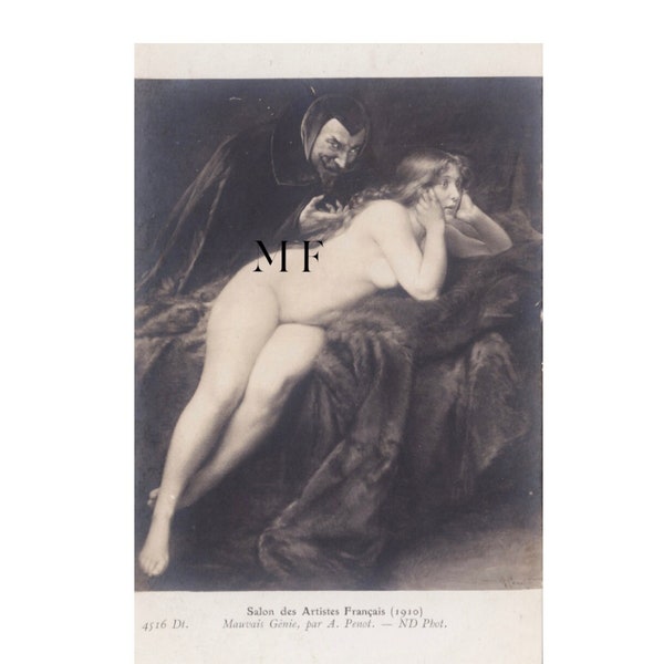 Carte postale vintage, Tableau, Mauvais Génie, Femme nue, Albert Penot