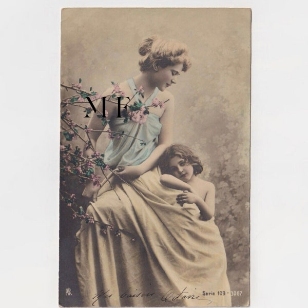 Carte postale vintage, Femme et enfant