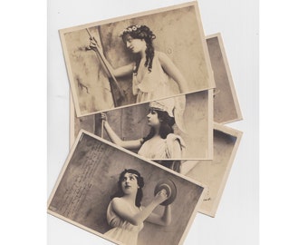 RARE, Lot of 5 old postcards, Vintage card, Women, Greek profiles, Lance, Helmet, Jar, Ancient Greece, Reutlinger, 1903