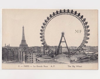 Paris, Eiffel Tower, Ferris Wheel, Vintage postcard, France, Old photograph