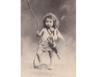 French vintage postcard, Little Loves, Angel, Cupid, Bow and arrows, Collotype BERGERET