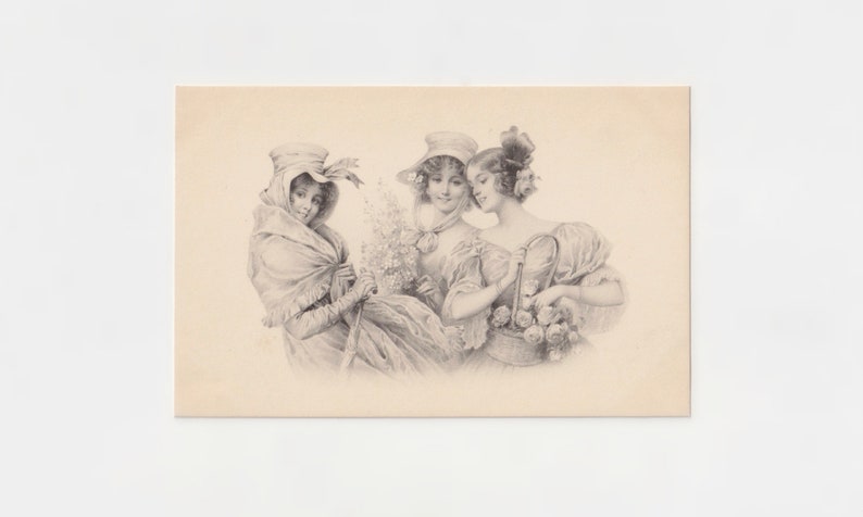 Art Nouveau Illustration 3 pretty young women Vienna Vintage postcard M.M Austria