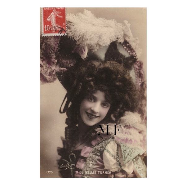 Vintage postcard, Portrait of the beautiful actress Nellie Turner wearing an elegant feathered hat, Photographer Paul Boyer Paris