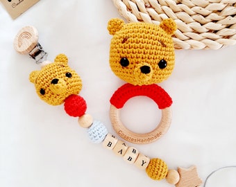 Winnie Pooh set/Winnie fopspeen/haak rammelaar/amigurumi/pasgeboren cadeau/cadeau voor baby