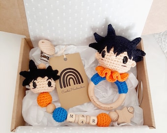 Goku Inspired Baby Set, Handmade, Crochet, Personalized, Baby Shower, Handmade, Rattle, Pacifier Clip