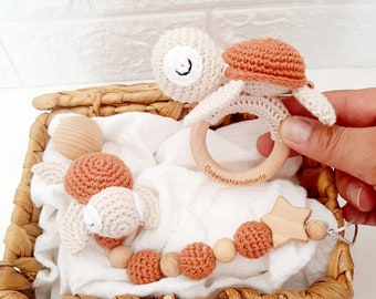 Sea Turtle Set. Handmade crochet. Original gift for a newborn. Personalize with name.