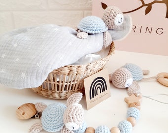 Sea Turtle Baby Pack, Amigurumi Turtle Doudou, Turtle Pacifier, Turtle Rattle, Baby Birth Gift, Baby Shower, Personalized