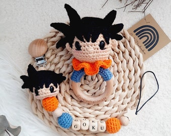 Set Baby Goku, Fatto a mano, Goku all'uncinetto, Personalizzato, Baby shower, Fatto a mano, Sonaglio Goku, Ciuccio Goku