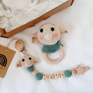 Dobby-inspired Baby Set, Rattle, Pacifier, Original Gift. Personalized, Handmade, Newborn, Gift for babies