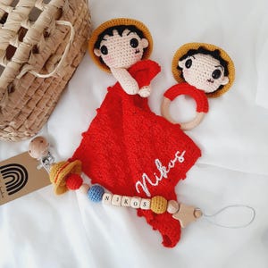 Babypaket inspiriert von Luffy aus One Piece, Babygeschenk, Häkeln, Dou-dou, Häkelrassel, Figuren, Babyparty