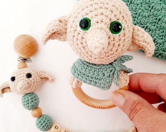 Conjunto Baby Dobby, Harry Potter, Sonajero, Chupetero, Regalo original. Personalizado, Hecho a mano, Recién nacido, Regalo para bebés