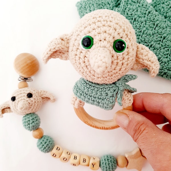 Conjunto Baby Dobby, Harry Potter, Sonajero, Chupetero, Regalo original. Personalizado, Hecho a mano, Recién nacido, Regalo para bebés