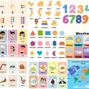 25 枚の子供向け学習ポスター、フラッシュ カード、印刷可能、モンテッソーリ、天気、数字、母音、アルファベット、動物、図形など - デジタル