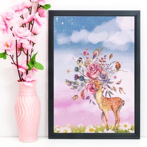 Whimsical Deer Art Painting, Wall Art Print, Dreamy, Pink, Pastel Design, Digital, Art Prints, Instant Download, Printable, Gift for Her