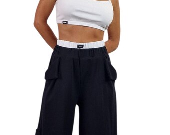 Black Relaxed Pants: High Waist Double Belt Trousers