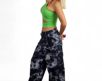 Black Tie Dye Ripped Denim Pants – Wide Leg Avant Garde Jeans – Distressed Streetwear Trousers