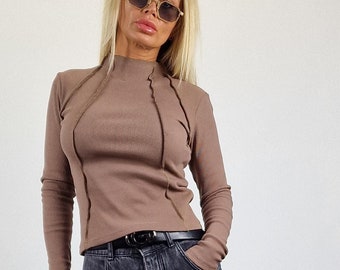 Ribbed Cotton Turtleneck Top, Fitted Long Sleeve Blouse, Minimalist Layering Top