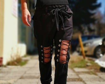 Black Drop Crotch Harem Pants, Avant-Garde Lace-Up Trousers