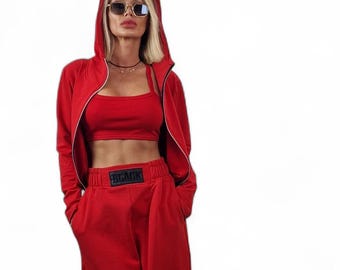 Ensemble deux pièces en coton, pantalon à entrejambe basse, haut court à capuche zippé, tenue avant-gardiste