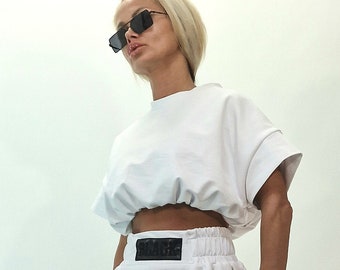 White Crop Top: Oversized Short Sleeve Blouse