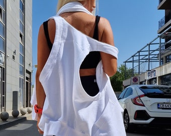 Asymmetric White Vest: Avant Garde Sleeveless Maxi Vest