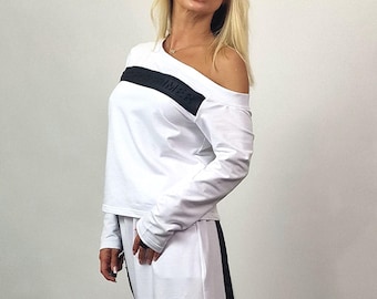 Conjunto de falda de algodón: top de manga larga y blusa con hombros descubiertos - Urban Avant-Garde