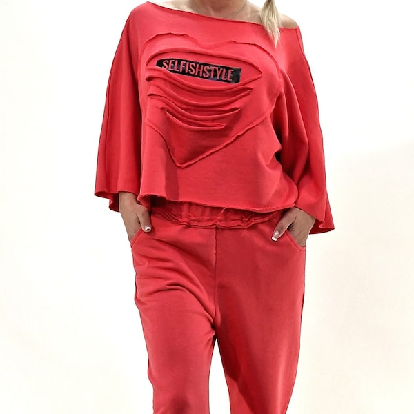 Extravagant Women Set, Loose Pants, Cold Shoulders Top, Cotton Set, Avant-garde Outfit