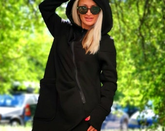 Asymmetric Hooded Cotton Coat - Avant-Garde Spring Sweatshirt