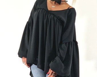 Avant-Garde Asymmetric Black Shirt: Loose Drape Top