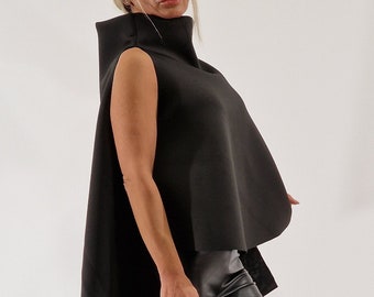 Black Neoprene Maxi Top: Sleeveless Asymmetric Avant-garde Blouse
