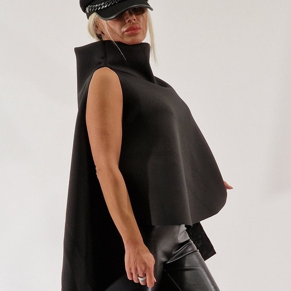 Black Maxi Top, Neopren Top, Maxi Top, Loose Sleevless Blouse, Asimetric Top, Turtleneck Top, Gothic Top, Avant-garde Top