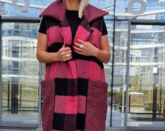 Sleeveless Vest, Long Vest , Extravagant Plaid Vest, Women Vest, Casual Warm Vest, Oversized Coat, Long Sleeveless Coat