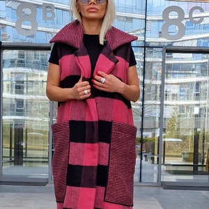 Sleeveless Vest, Long Vest , Extravagant Plaid Vest, Women Vest, Casual Warm Vest, Oversized Coat, Long Sleeveless Coat