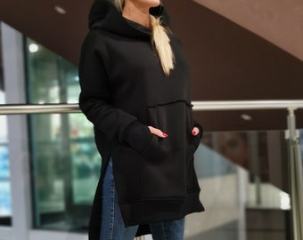 Black Hooded Maxi Tunic, Gothic Asymmetric Longsleeve Blouse