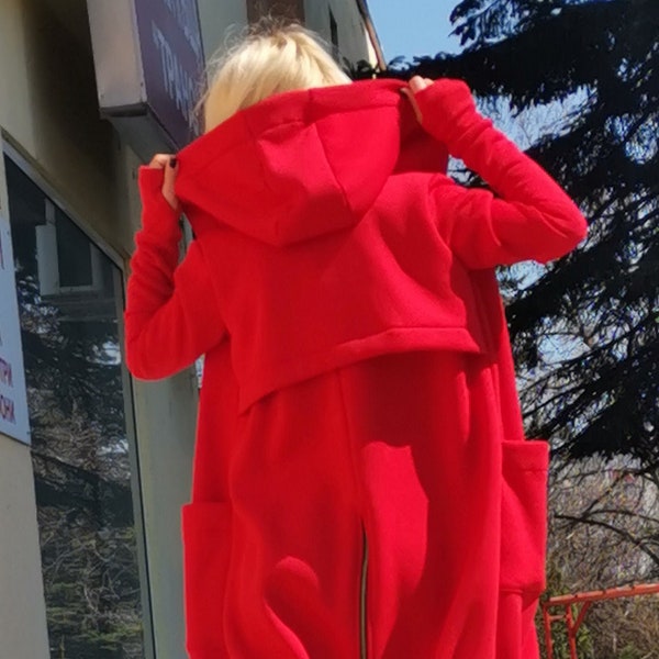 Red Hooded Coat with Zippers and Oversized Pockets, Warm Zipper Coat, Midi Coat, Cotton Coat for Spring