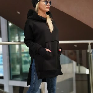 BLACK MAXI Blouse, Loose Tunic, Oversize Top, Asimetric  Top, Gothic Longsleeve Top, Hooded Blouse, Warm Maxi Tunic, Long Blouse